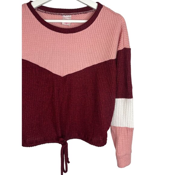 No Boundaries Top Womens Small 3 5 Waffle Knit Pink Burgundy Stripe Casual Shirt - Picture 3 of 15